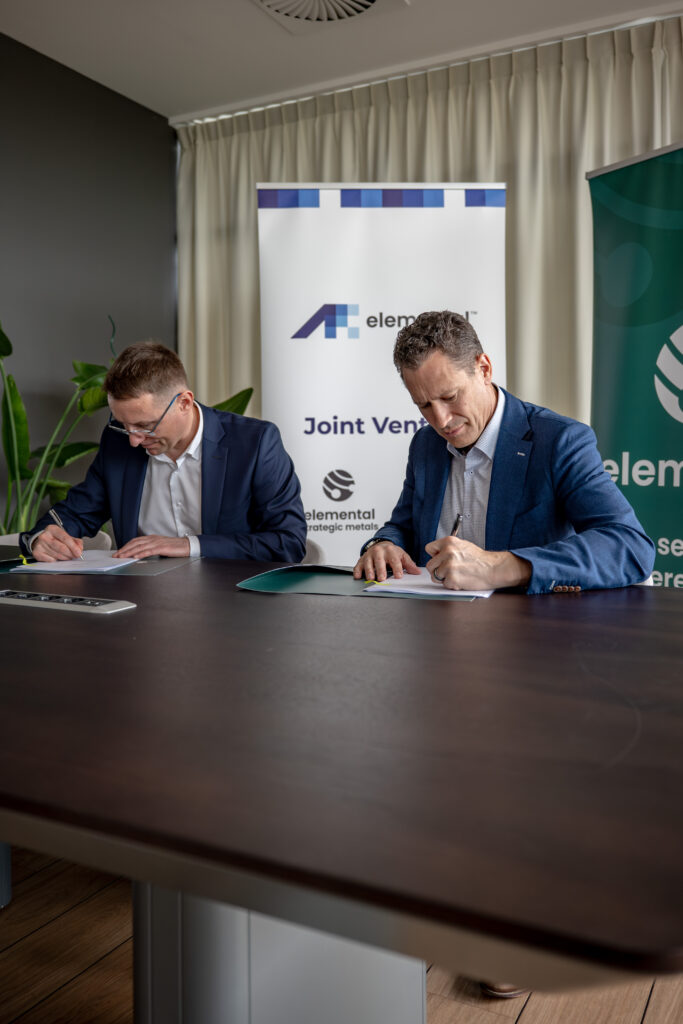 Elemental Strategic Metals CEO Michal Zygmunt and Ascend Elements CEO Michael O'Kronley sign the official joint venture paperwork outside Warsaw, Poland on April 8, 2024.